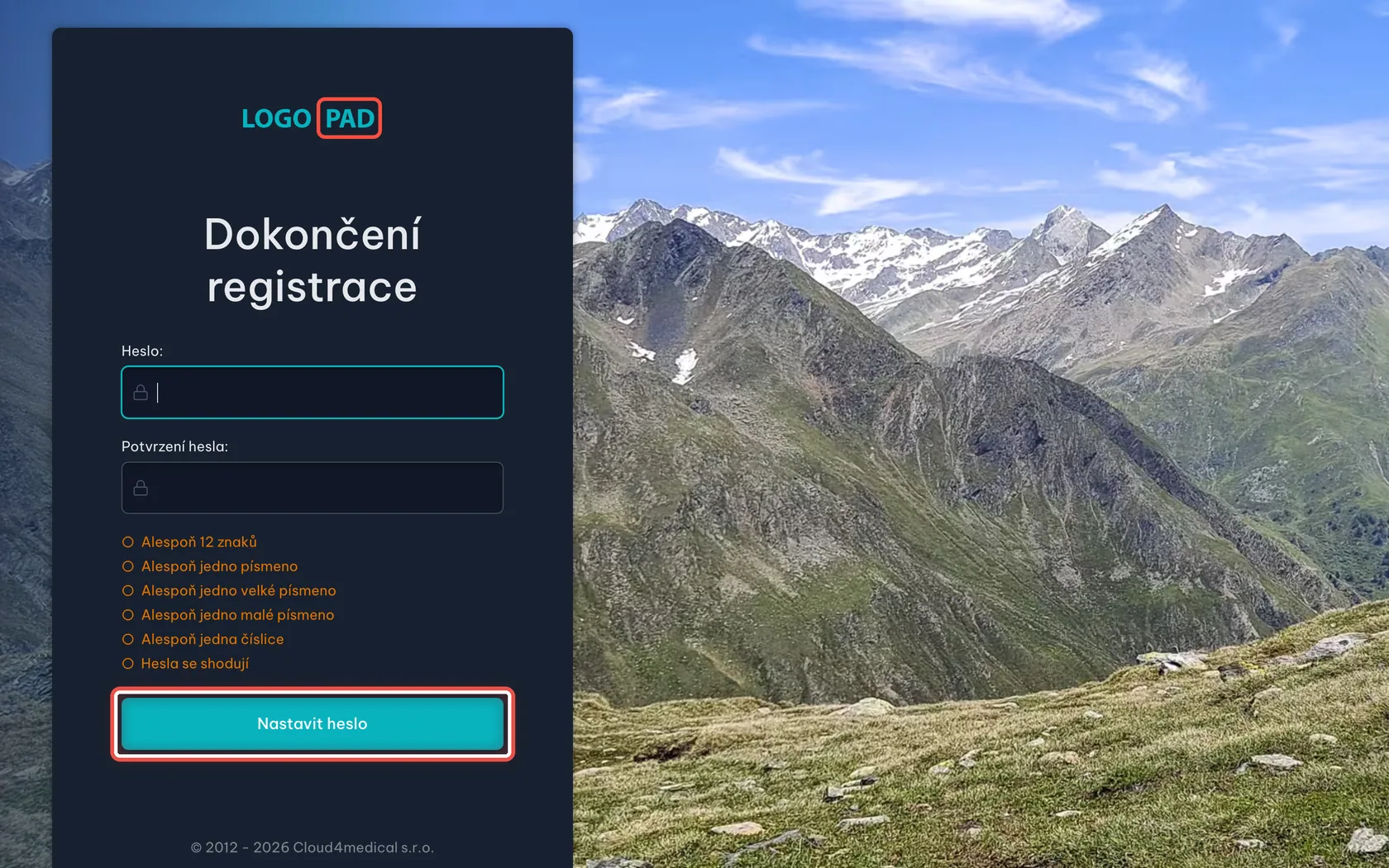 Snímek obrazovky ke kroku 7: Pacient si nastaví heslo
