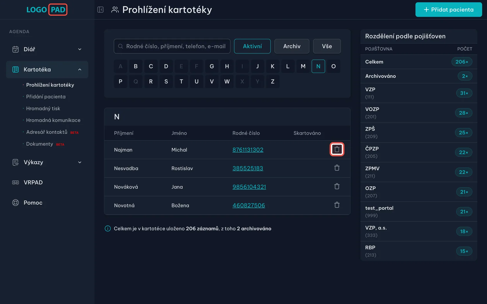 Snímek obrazovky programu LOGOPAD, krok 15 z 17: Smazání pacienta — Klikněte na koš u řádku pacienta, kterého chcete z kartotéky odstranit.