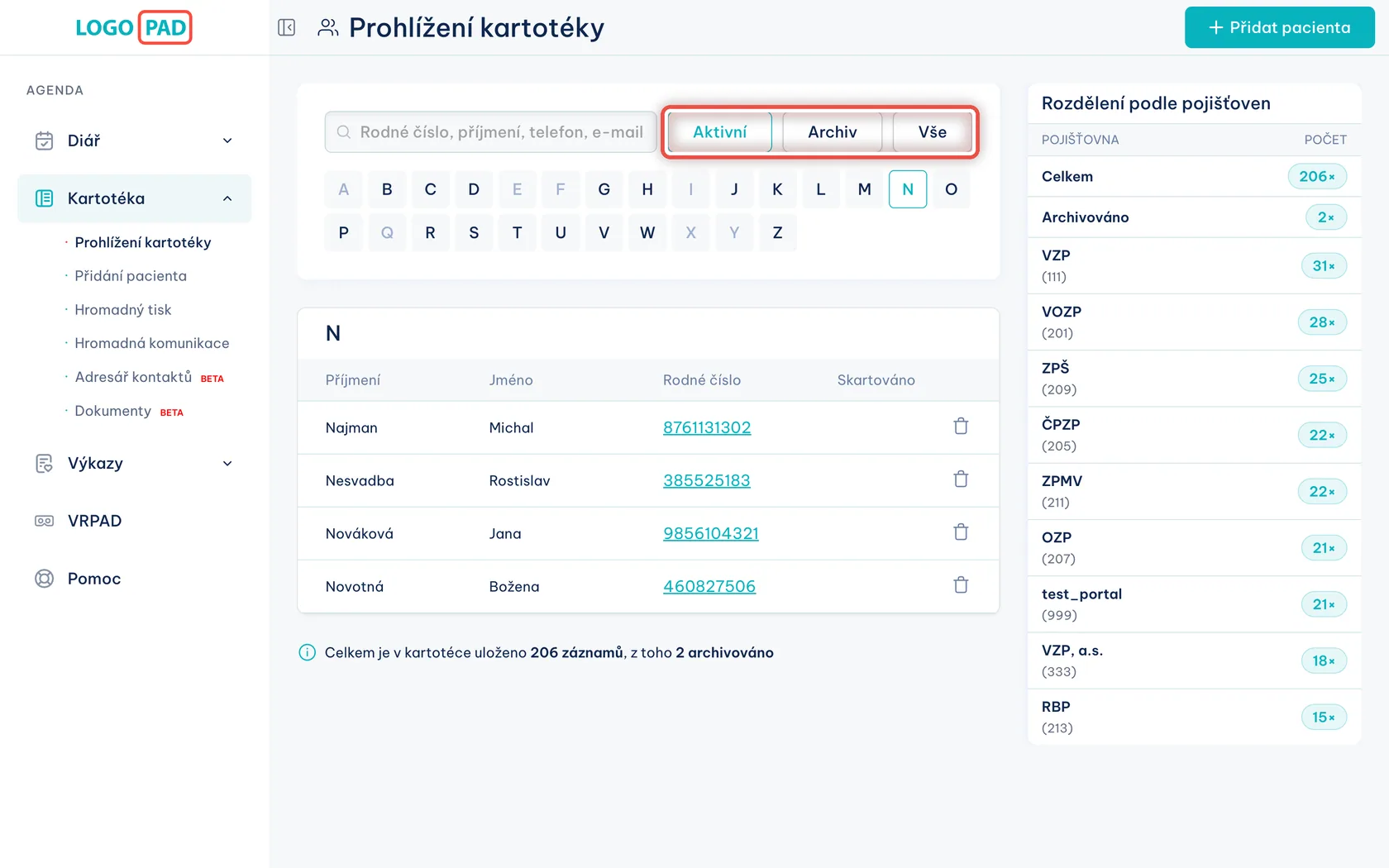 Snímek obrazovky programu LOGOPAD, krok 7 z 17: Přepínejte mezi aktivními a archivem — Nechte zapnuté Aktivní. Uvidíte pacienty, které aktuálně léčíte — ti odložení do archivu vám nepřekáží v seznamu.