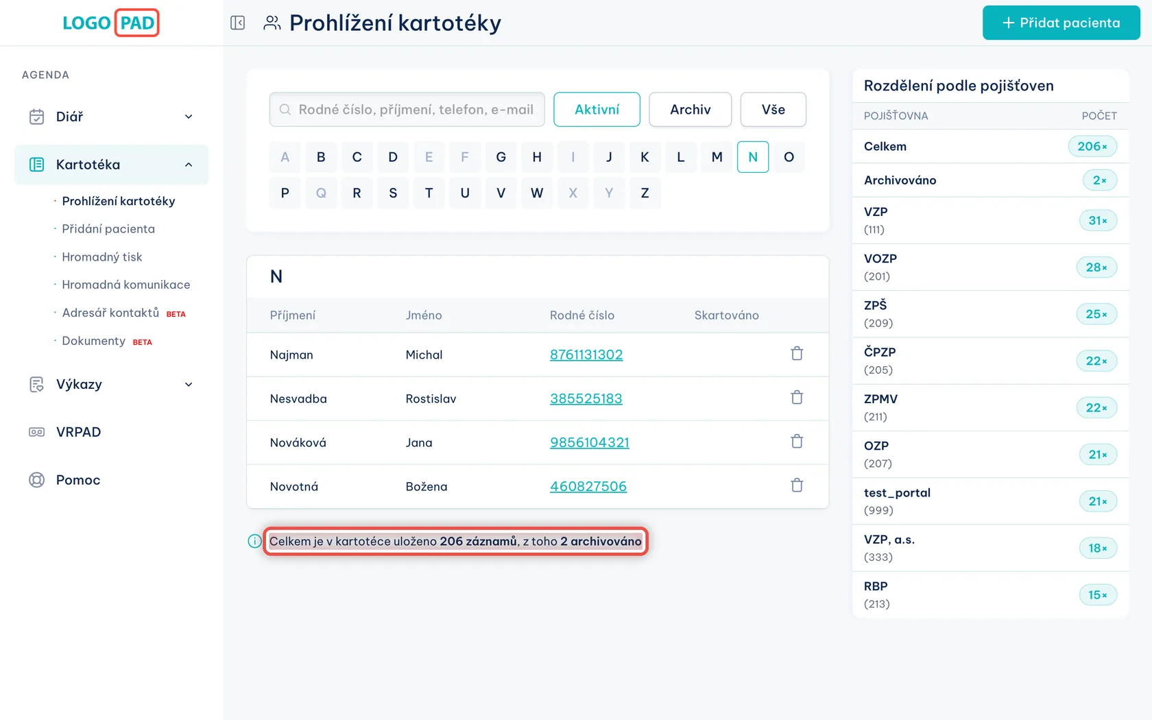 Snímek obrazovky programu LOGOPAD, krok 12 z 17: Kolik pacientů v kartotéce máte — Nic. Číslo platí za celou kartotéku, ne za vybrané písmeno.