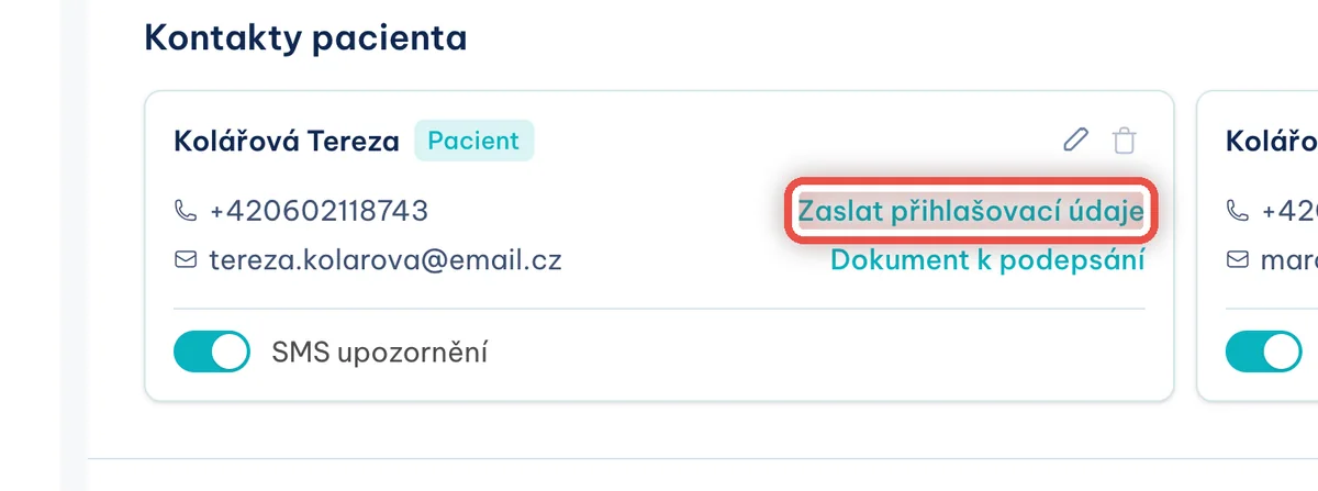 Detail — Pošlete pacientovi přihlašovací údaje