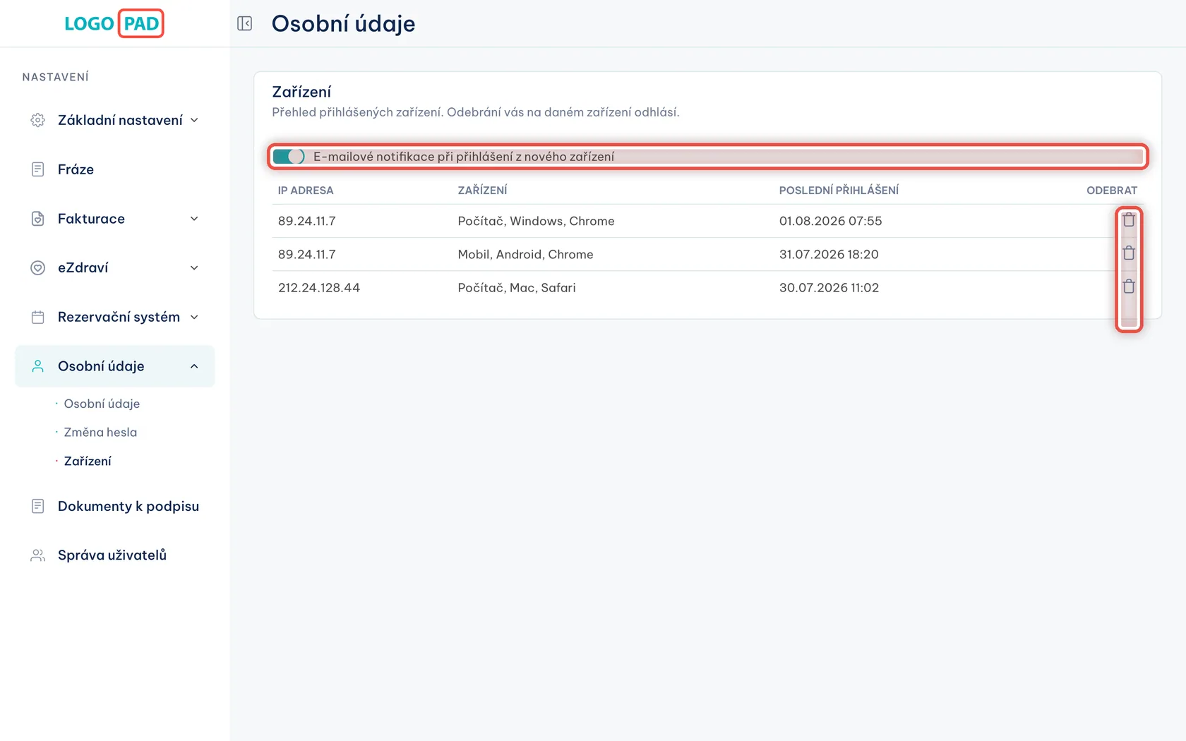 Krok 11 z 13 — Kde všude jste přihlášeni: Seznam počítačů, tabletů a telefonů, ze kterých jste se do programu přihlásili, s datem posledního přihlášení.