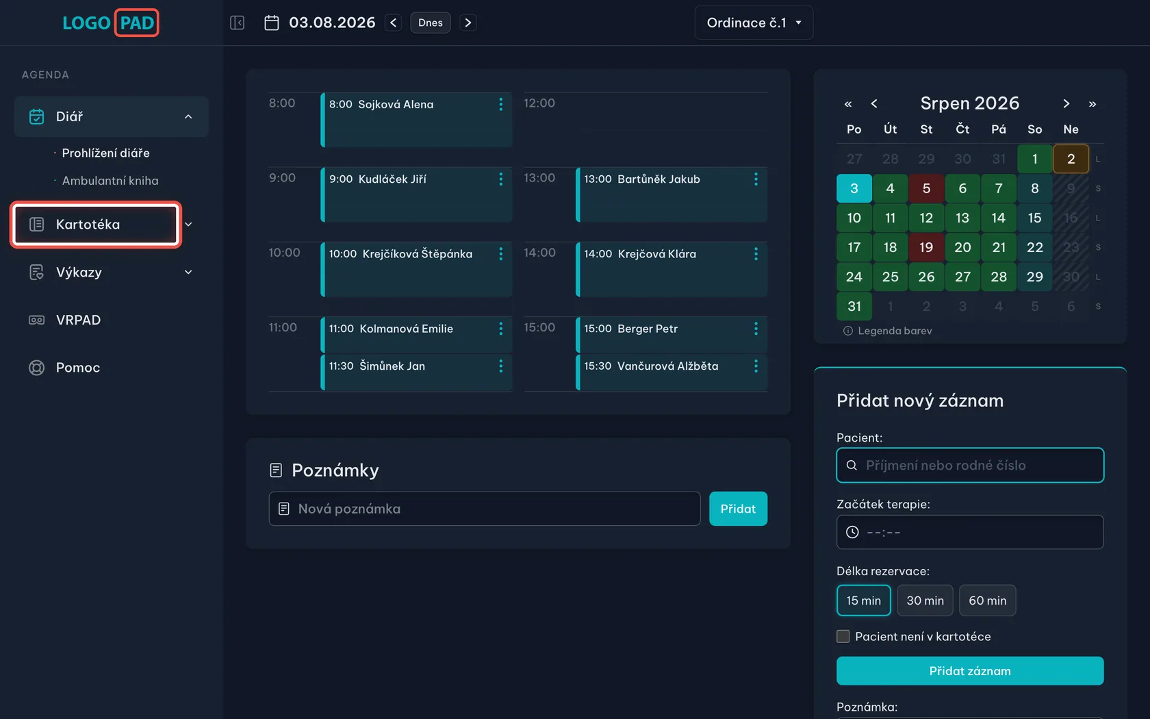 Snímek obrazovky programu LOGOPAD, krok 1 z 17: Otevřete kartotéku — Klikněte na Kartotéka.