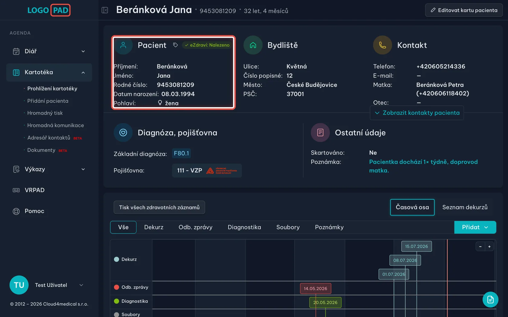 Část Pacient — snímek obrazovky programu, krok 5 z 27