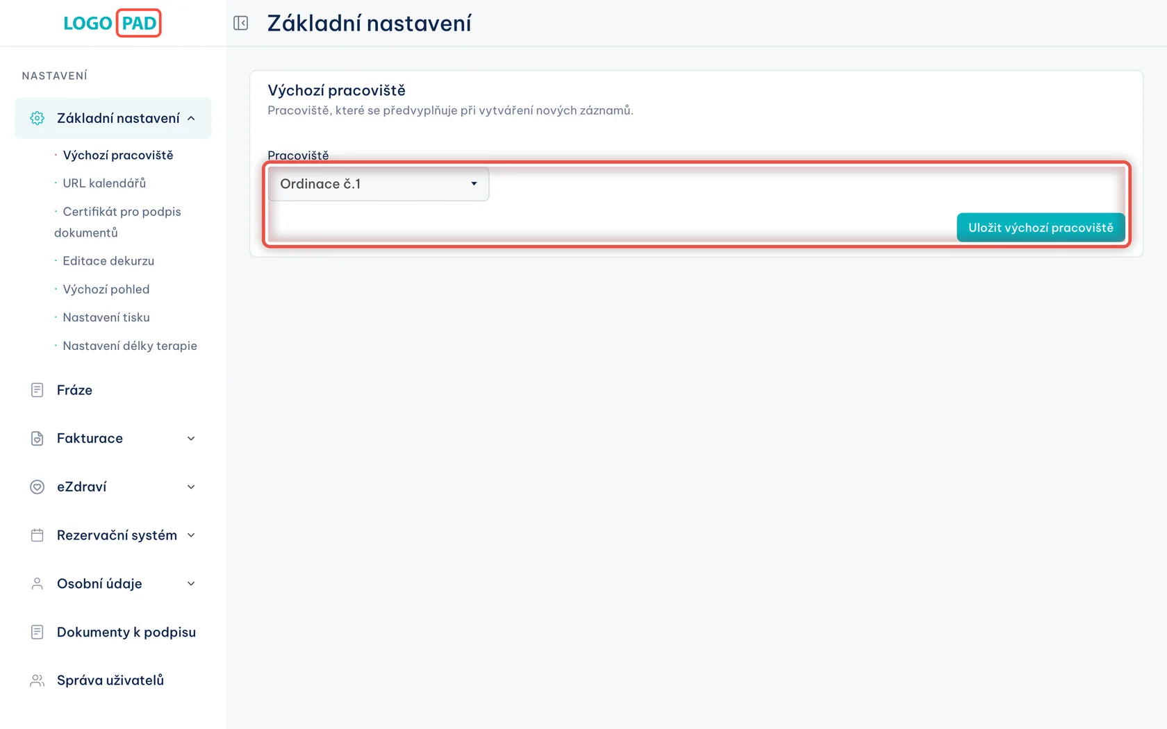 Krok 3 z 13 — Výchozí pracoviště: Nabídka se seznamem vašich ordinací a tlačítko pro uložení.