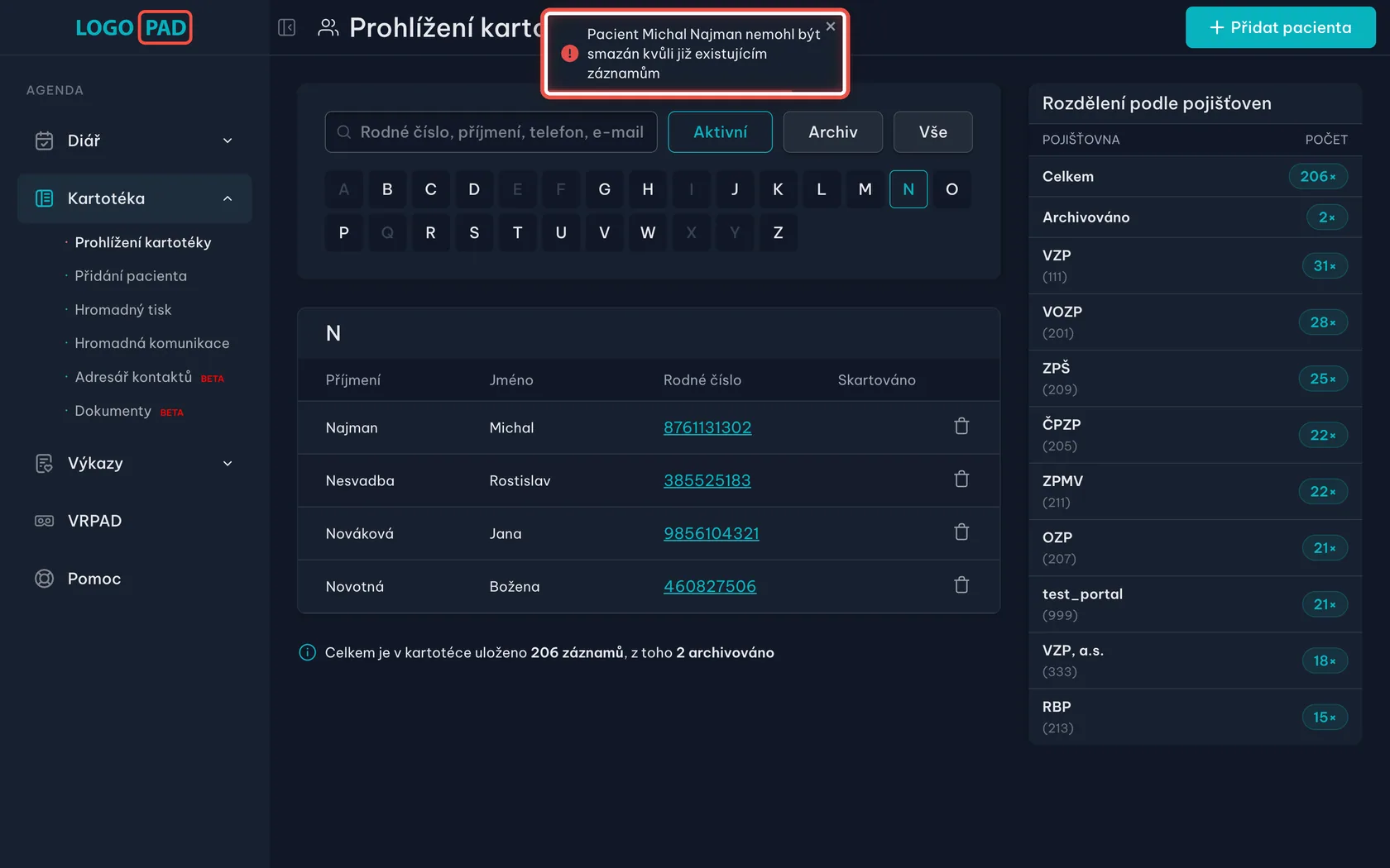 Snímek obrazovky programu LOGOPAD, krok 17 z 17: Když pacienta smazat nejde — Otevřete kartu pacienta, na časové ose postupně smažte všechny jeho záznamy a smazání pacienta pak zkuste znovu.