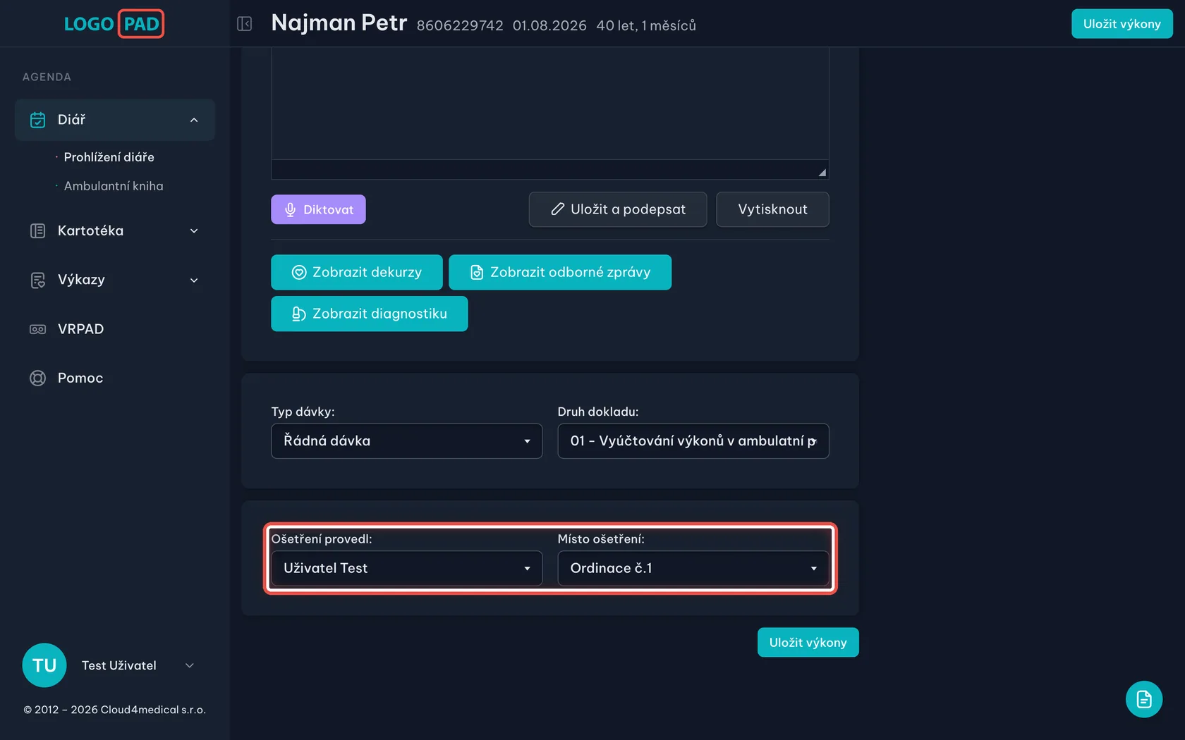 Krok 12: Zkontrolujte, kdo a kde ošetřoval — snímek obrazovky programu