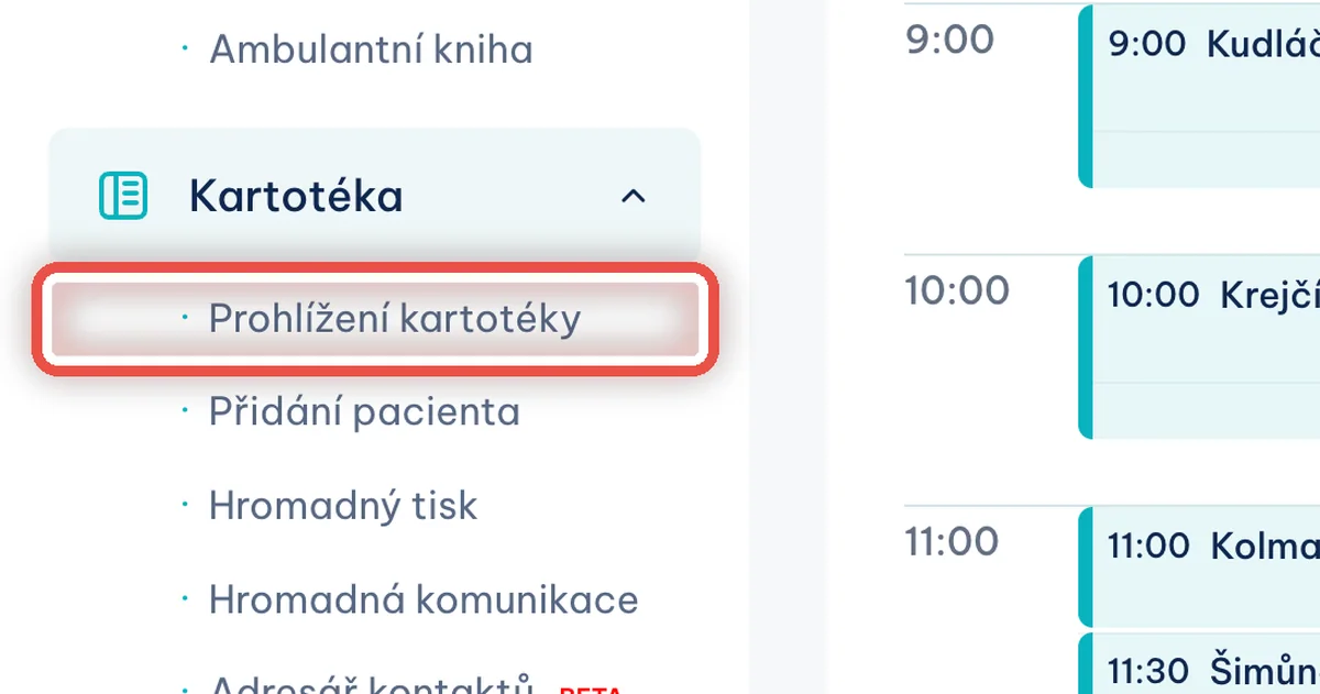 Zvětšenina místa, kam se klikne — Vyberte Prohlížení kartotéky