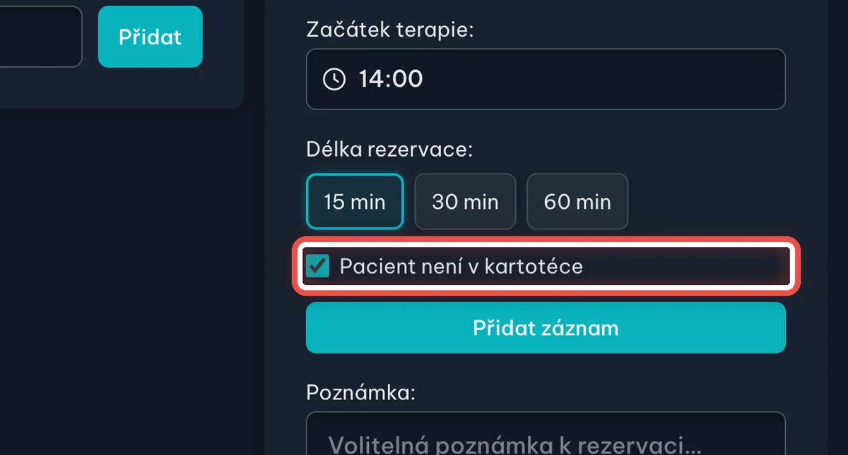 Detail — Zaškrtněte, že pacient není v kartotéce