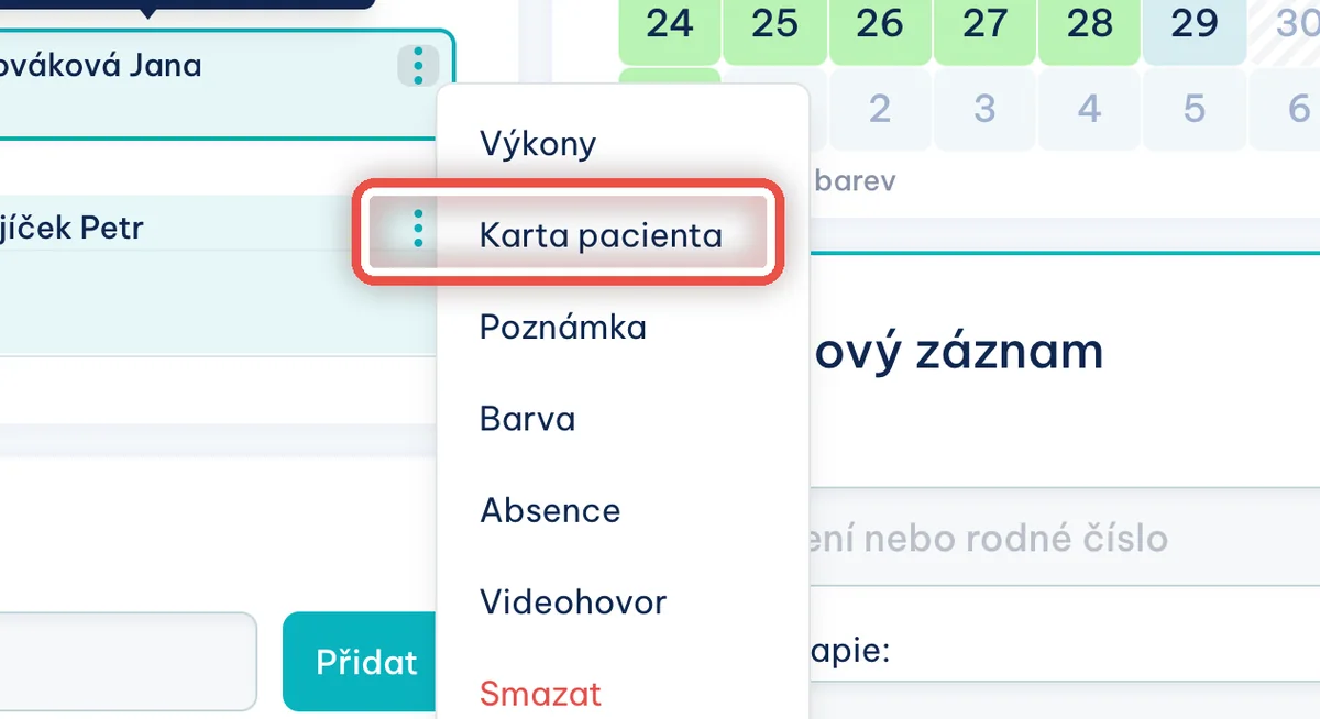 Detail — Druhá cesta: nejdřív otevřete kartu pacienta