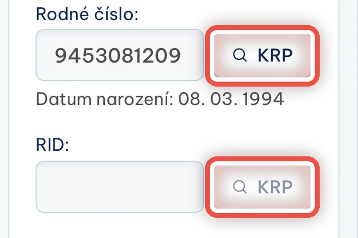 Ověření v registru (KRP) — zvětšené místo, kam se dívat
