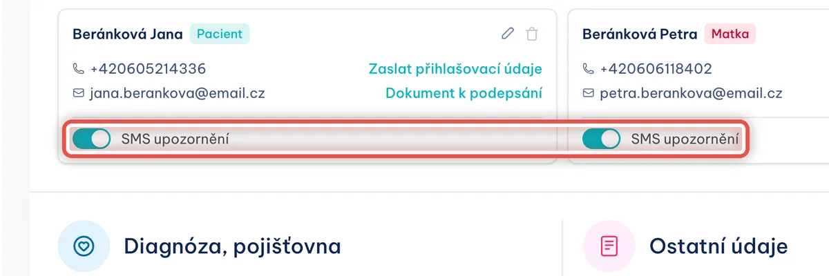 Detail — U kontaktu zapněte SMS upozornění