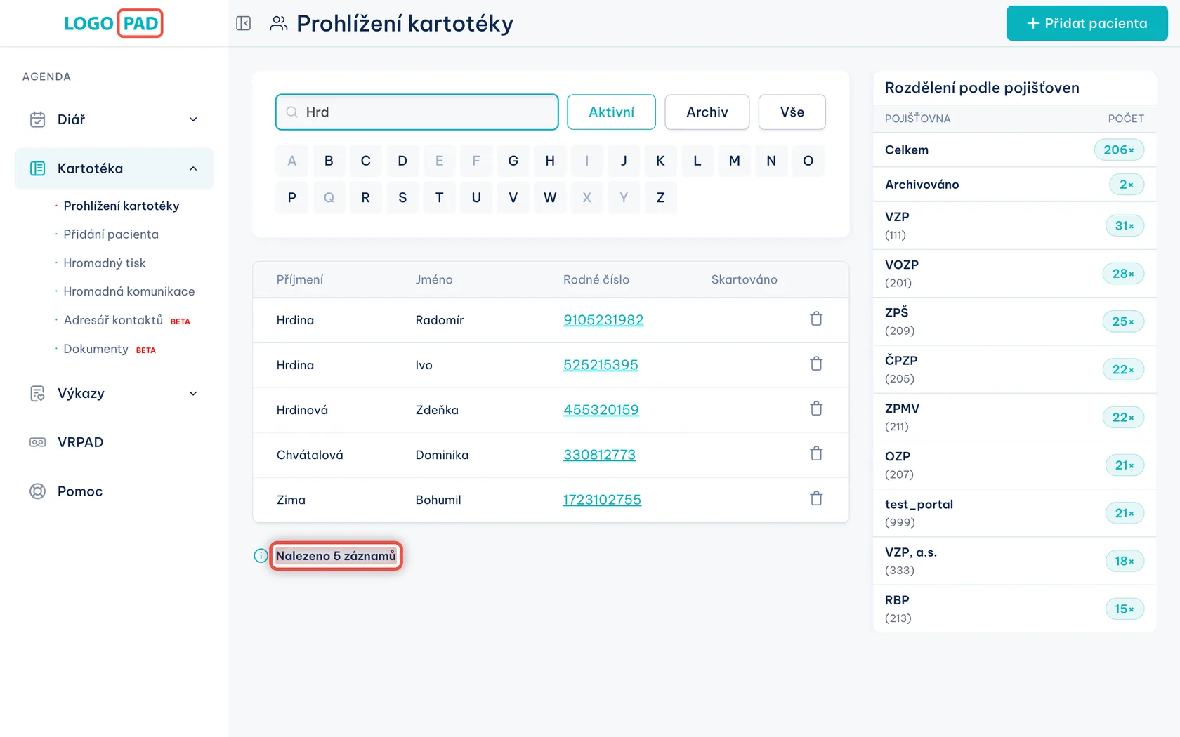Snímek obrazovky programu LOGOPAD, krok 5 z 17: Zkontrolujte, kolik záznamů se našlo — Nic. Jen si ověřte, že hledání opravdu něco našlo.