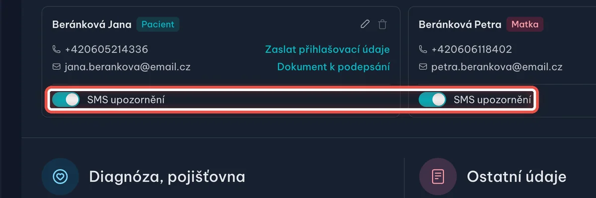 Detail — U kontaktu zapněte SMS upozornění