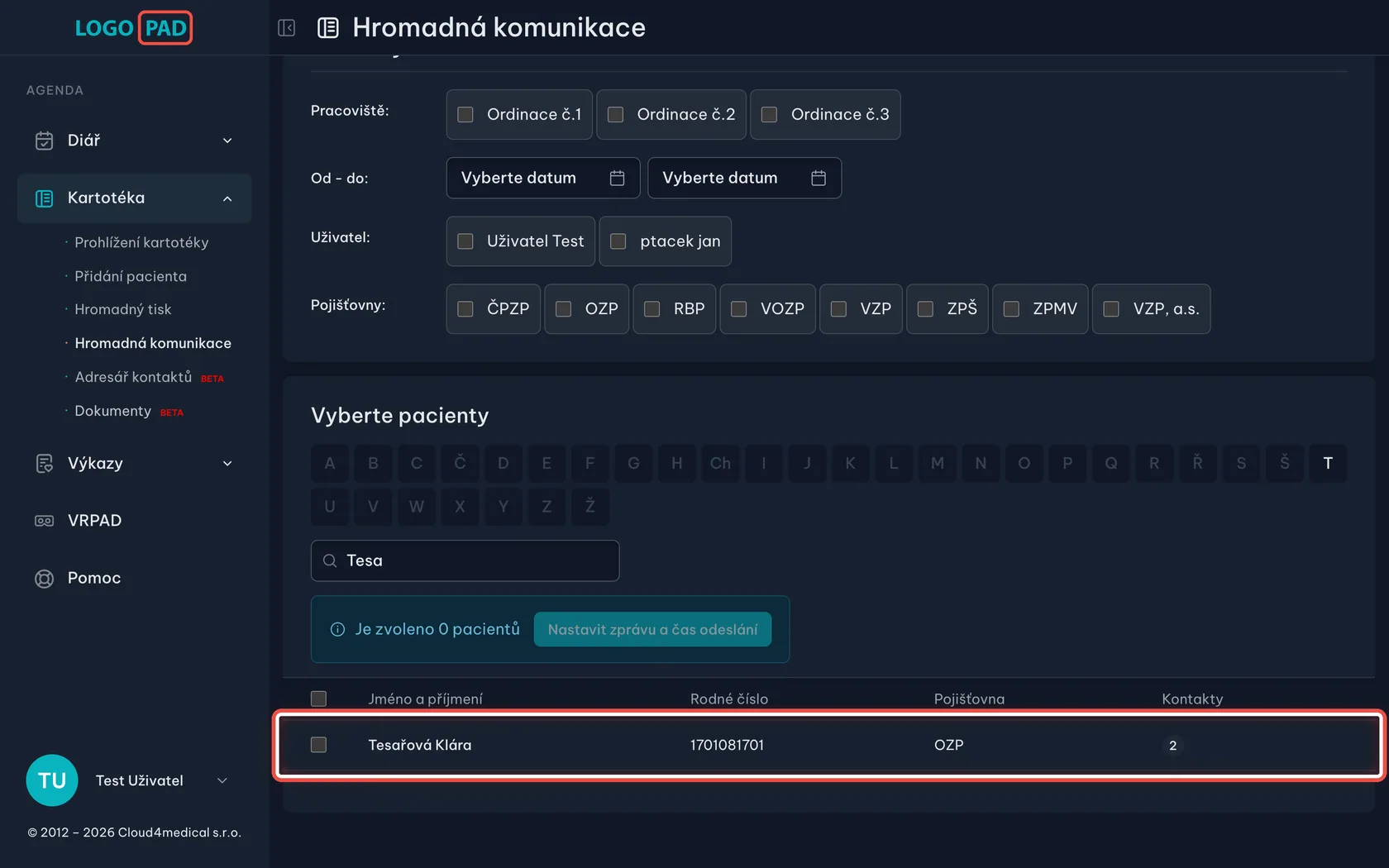 Snímek obrazovky ke kroku 7: Kliknutím pacienta vyberete