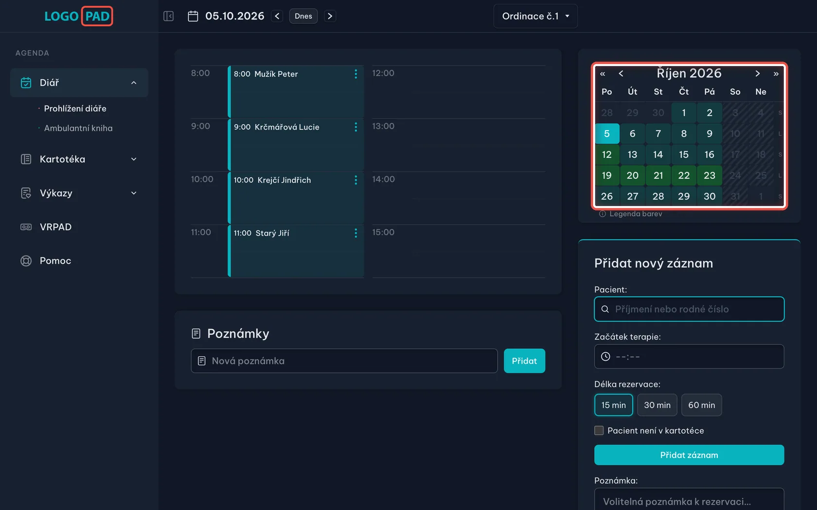Krok 4: Skok na konkrétní den — snímek obrazovky programu