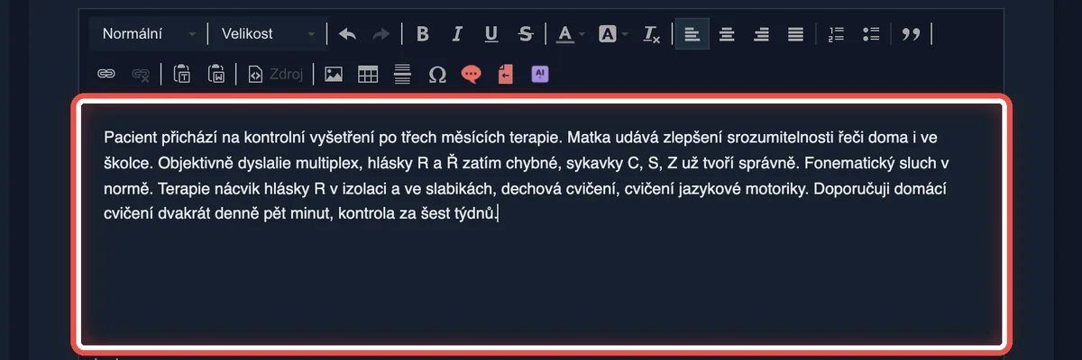 Detail — Přepsaný text se vypíše do dekurzu
