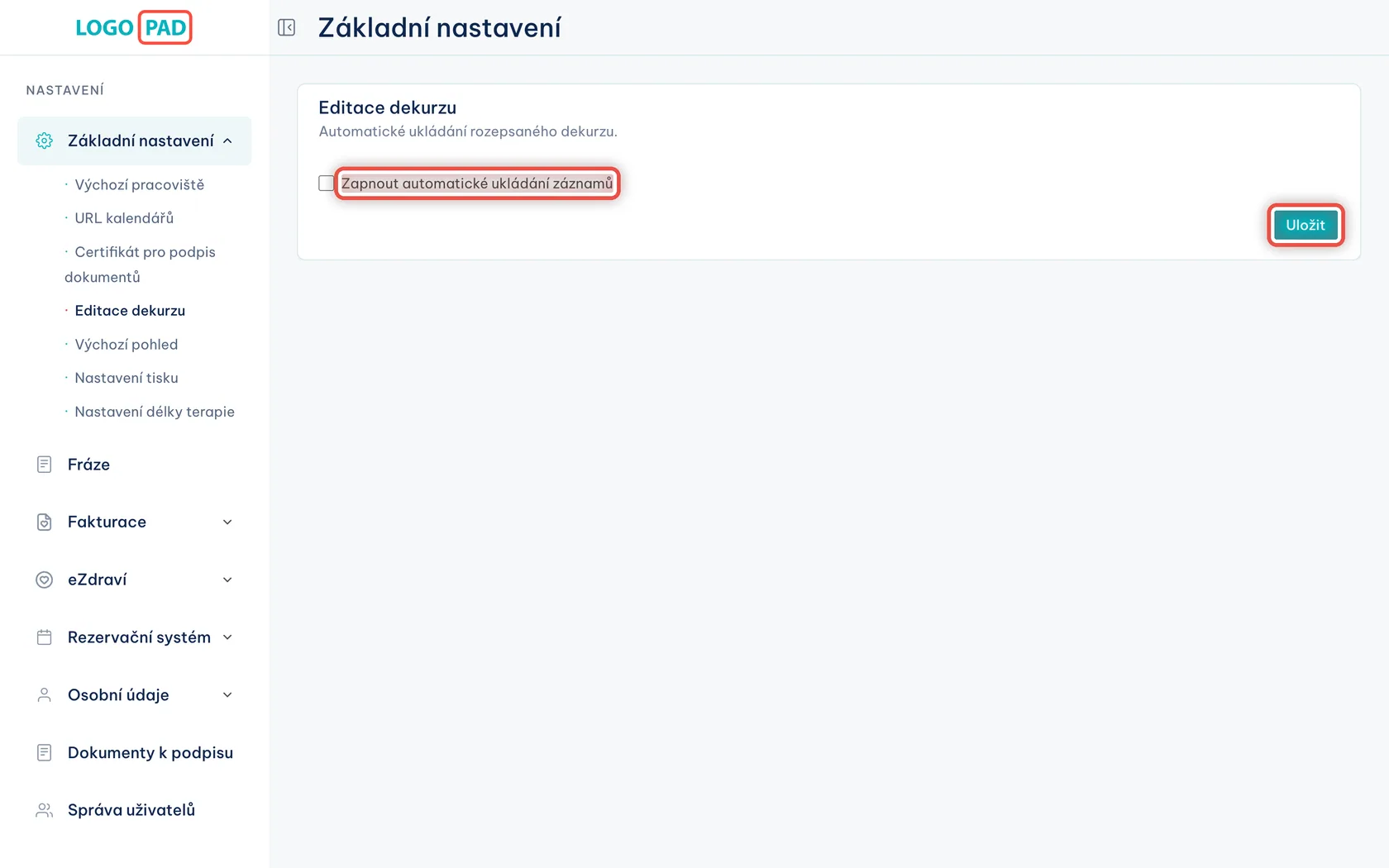 Krok 4 z 13 — Automatické ukládání dekurzu: Jediný přepínač: Zapnout automatické ukládání záznamů.