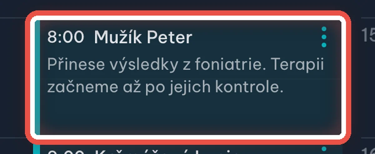 Detail — Poznámka je vidět rovnou v diáři