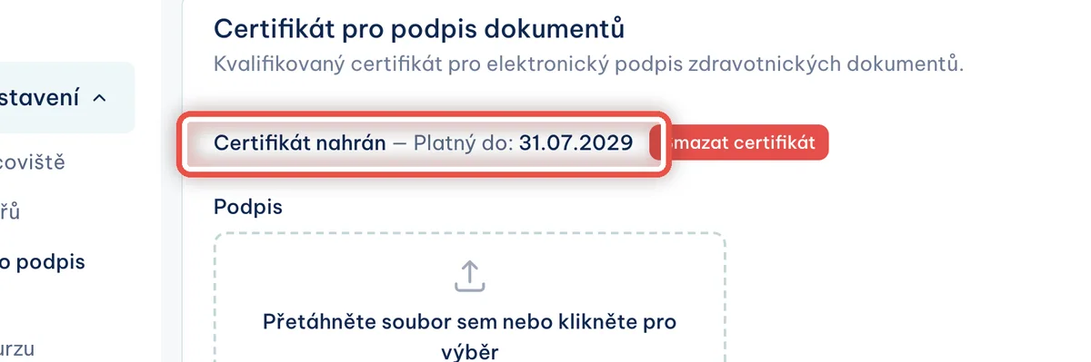 Detail — Podpis potřebuje nahraný certifikát