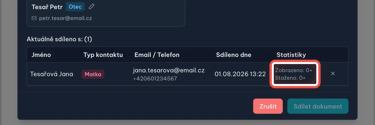 Detail — Podívejte se, komu je dokument sdílený