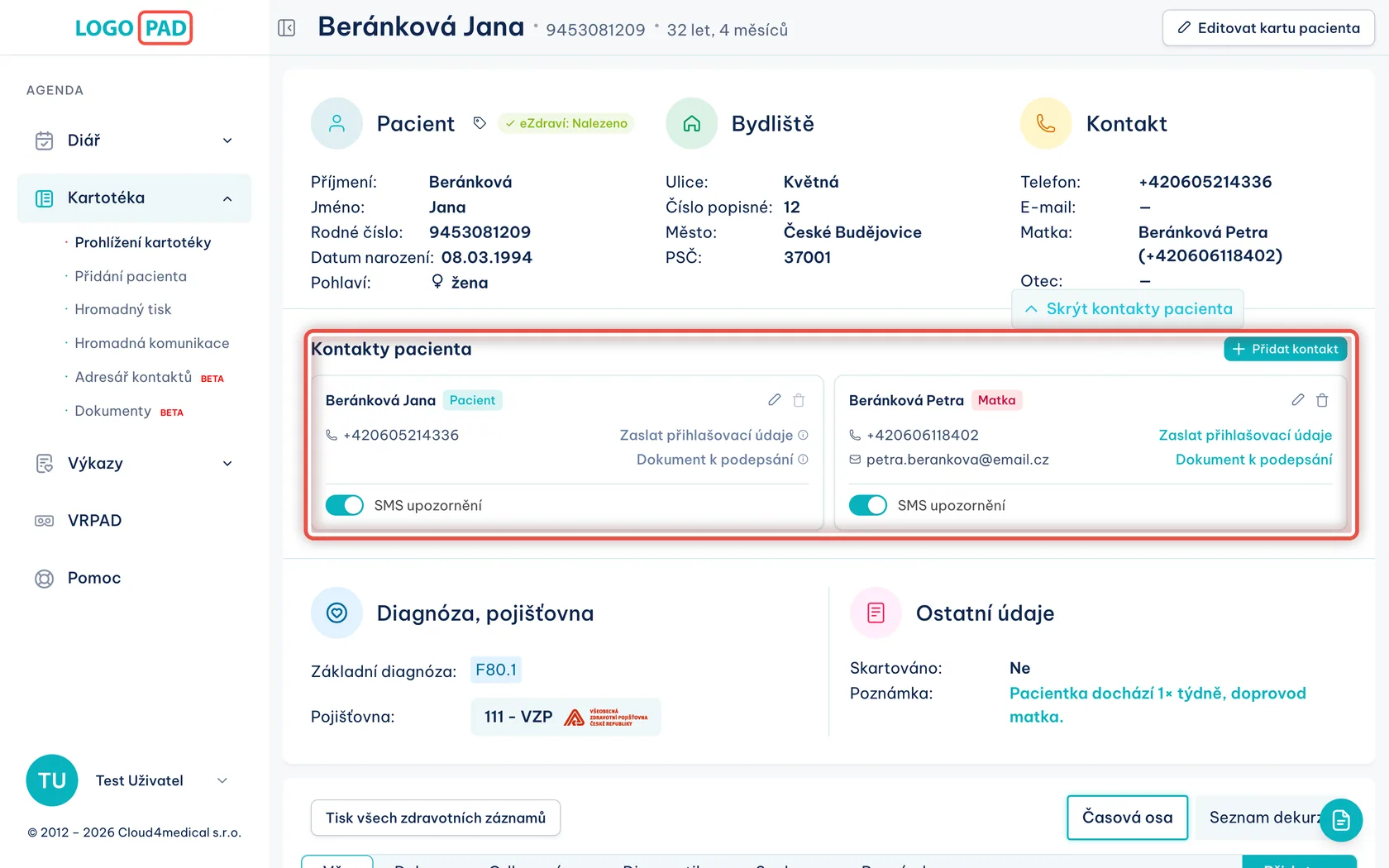 Kontakty pacienta — snímek obrazovky programu, krok 11 z 27