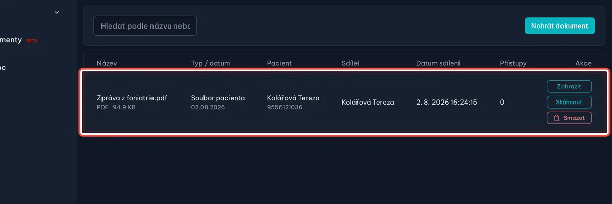 Detail — Pacient vidí, co je nahrané a sdílené