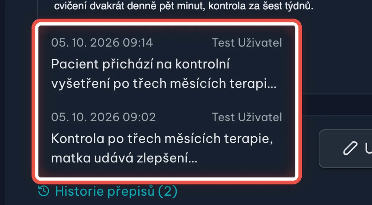 Detail — Historie přepisů — vložení staršího diktátu znovu