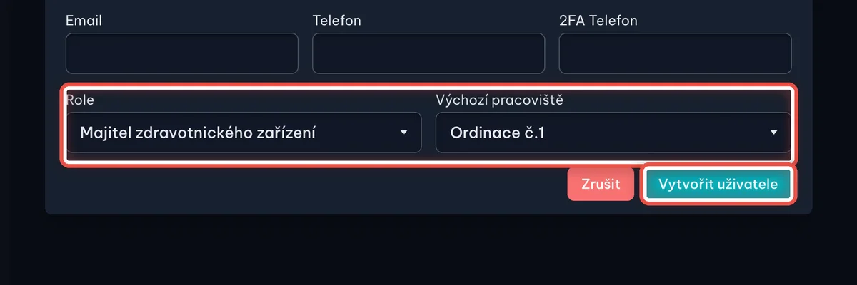 Zblízka — Založení nového uživatele: Vyplňte jméno, příjmení a e-mail, vyberte Roli a pracoviště a klikněte na Vytvořit uživatele.