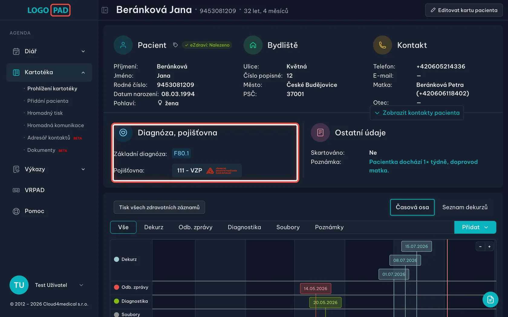 Diagnóza a pojišťovna — snímek obrazovky programu, krok 13 z 27