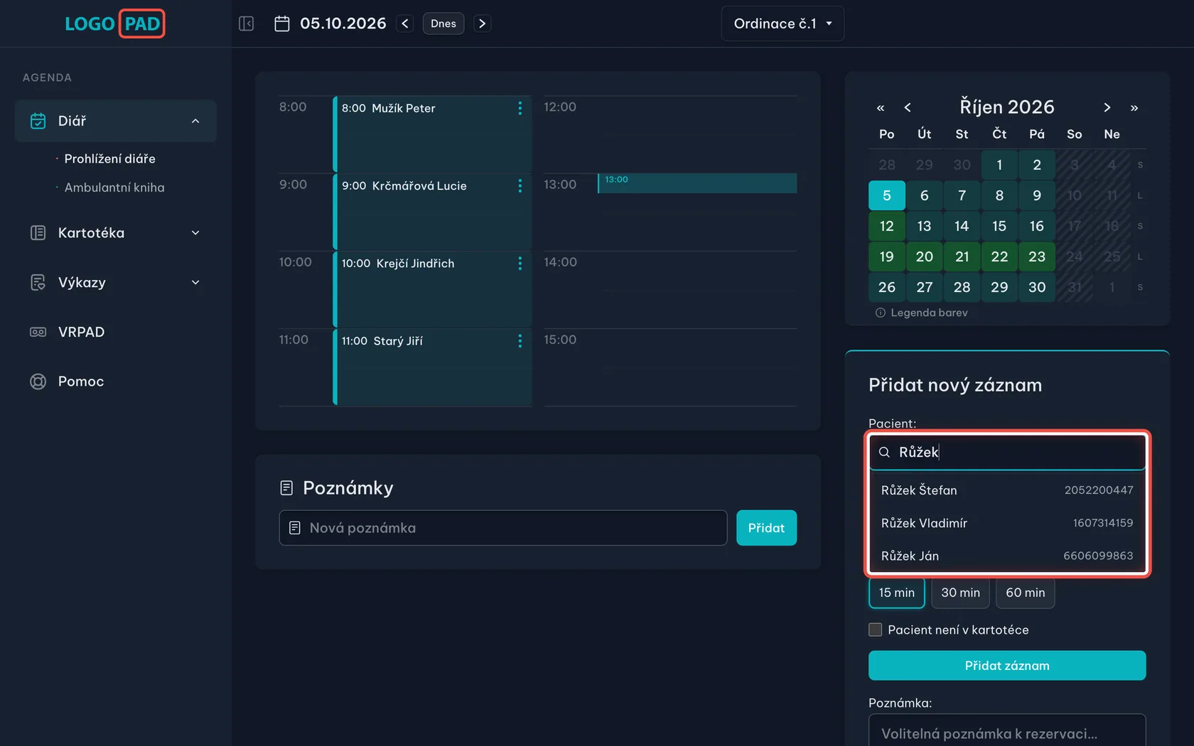 Krok 8: Najděte pacienta v kartotéce — snímek obrazovky programu