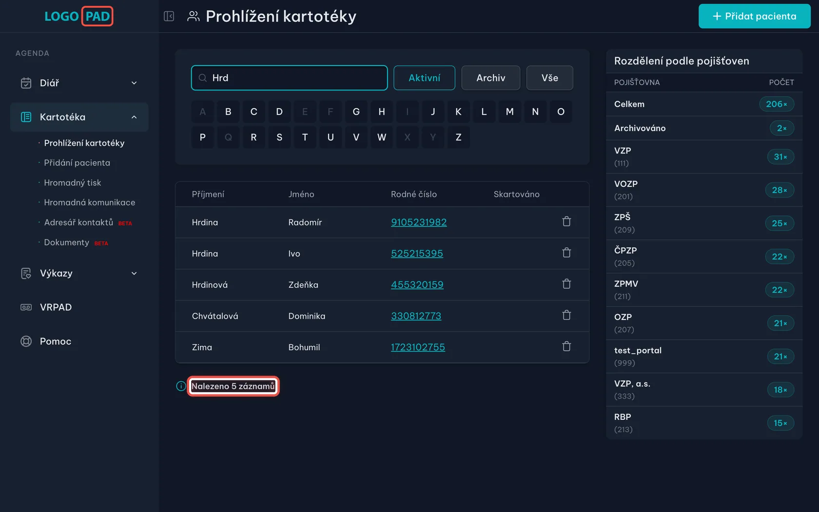 Snímek obrazovky programu LOGOPAD, krok 5 z 17: Zkontrolujte, kolik záznamů se našlo — Nic. Jen si ověřte, že hledání opravdu něco našlo.